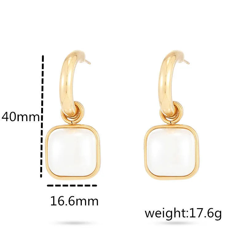 Stainless steel geometric pearl earrings with electroplated finish in NMSE-A7210-1 style