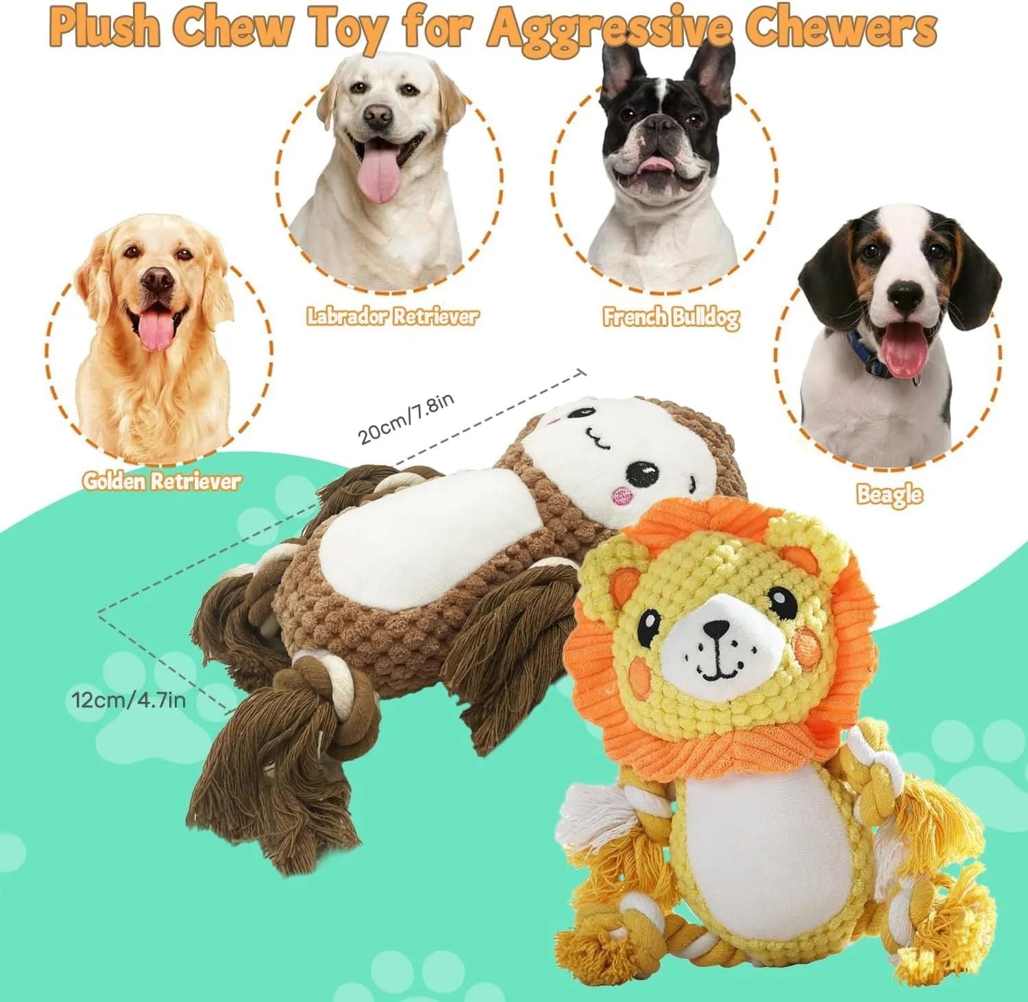 Lion and monkey soft plush squeaky dog toys bundle for medium large dogs