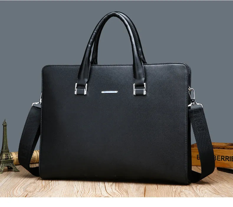 One-shoulder cross-slung male business briefcase in blue with stitching detail and soft handle