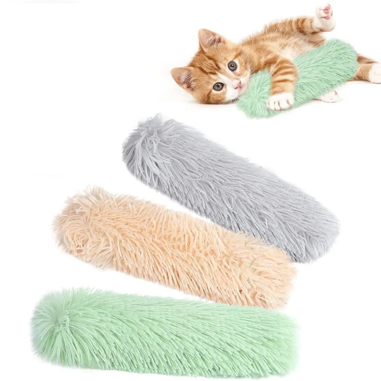 Green, white, blue, and pink plush cat toy pillow measuring 27cm by 10cm