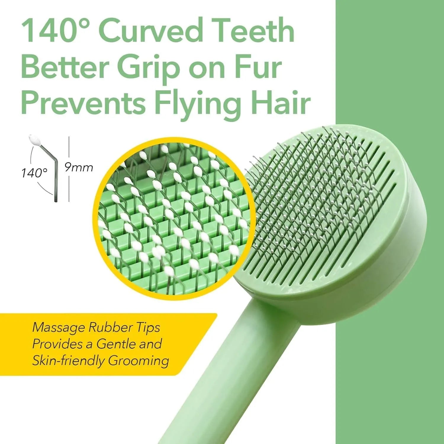 Green and yellow 2-in-1 pet grooming brush with stainless steel teeth and a hanging loop for storage.