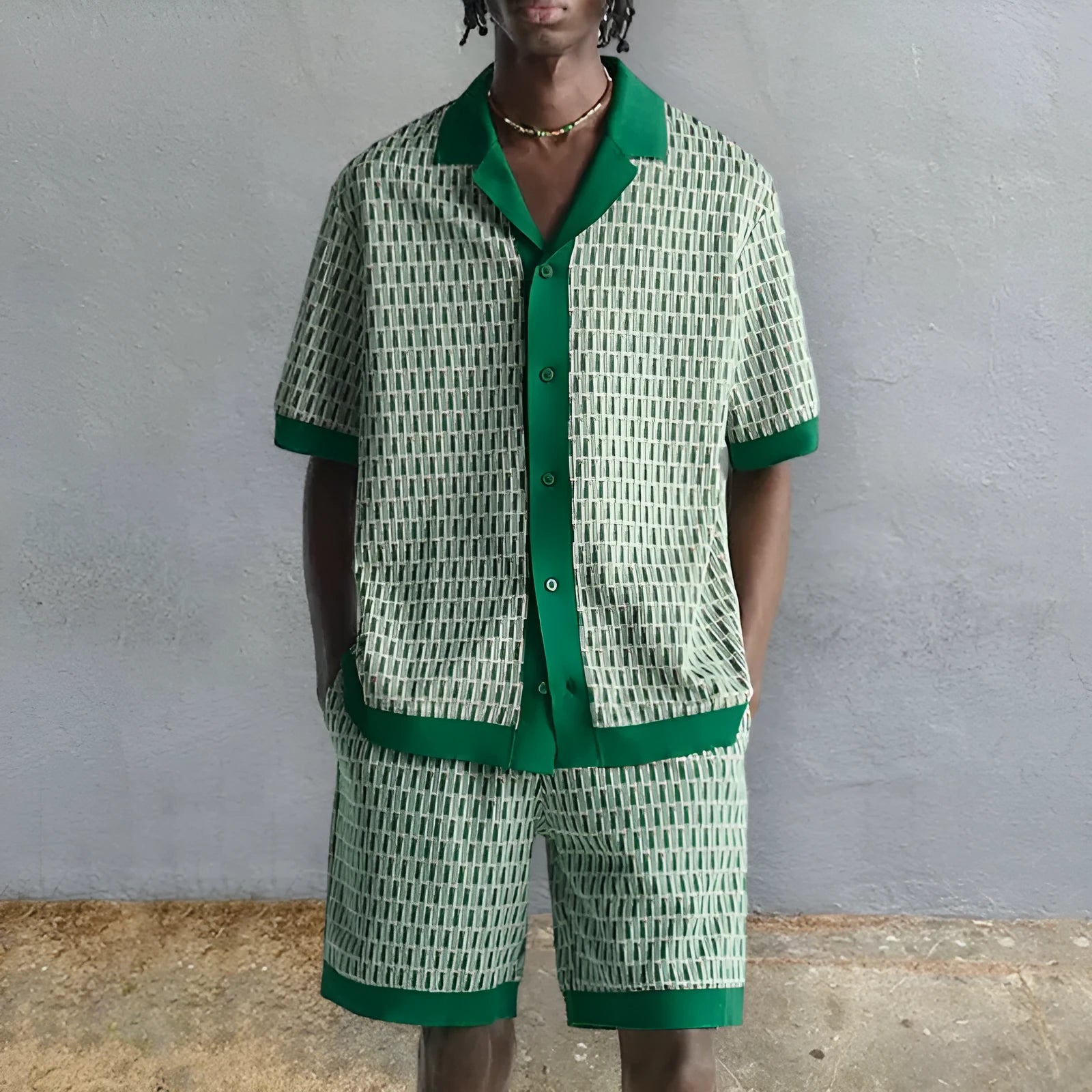 Men's printed short-sleeved shirt and shorts two-piece beach set in colour MHX01344