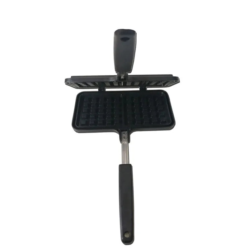 Black non-stick aluminium waffle plaid cake mold with locking handle on gas stove