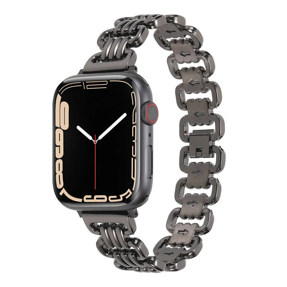 Alloy metal Apple Watch replacement band in silver, black, gold, rose gold, and starlight colours with adjustable clasp.