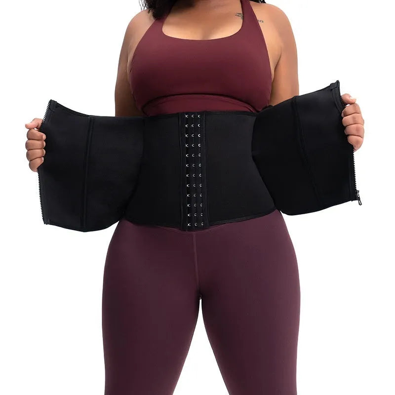 Neoprene waist trainer corset in black with adjustable closure for tummy control during yoga and running