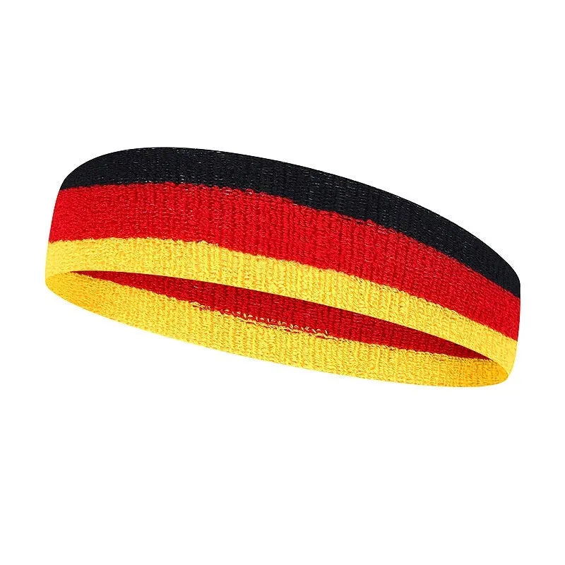 Colourful elasticated sports headband for adults, shown in multiple colour combinations, laid flat to show 5.5cm by 20cm dimensions.