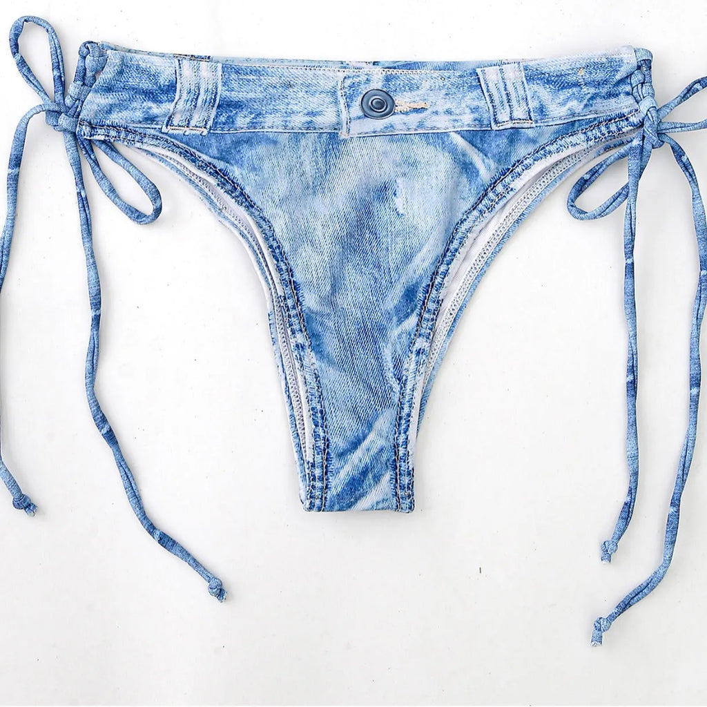 Women's denim pattern two-piece bikini swimsuit set in colourful colour, polyester fabric, front view
