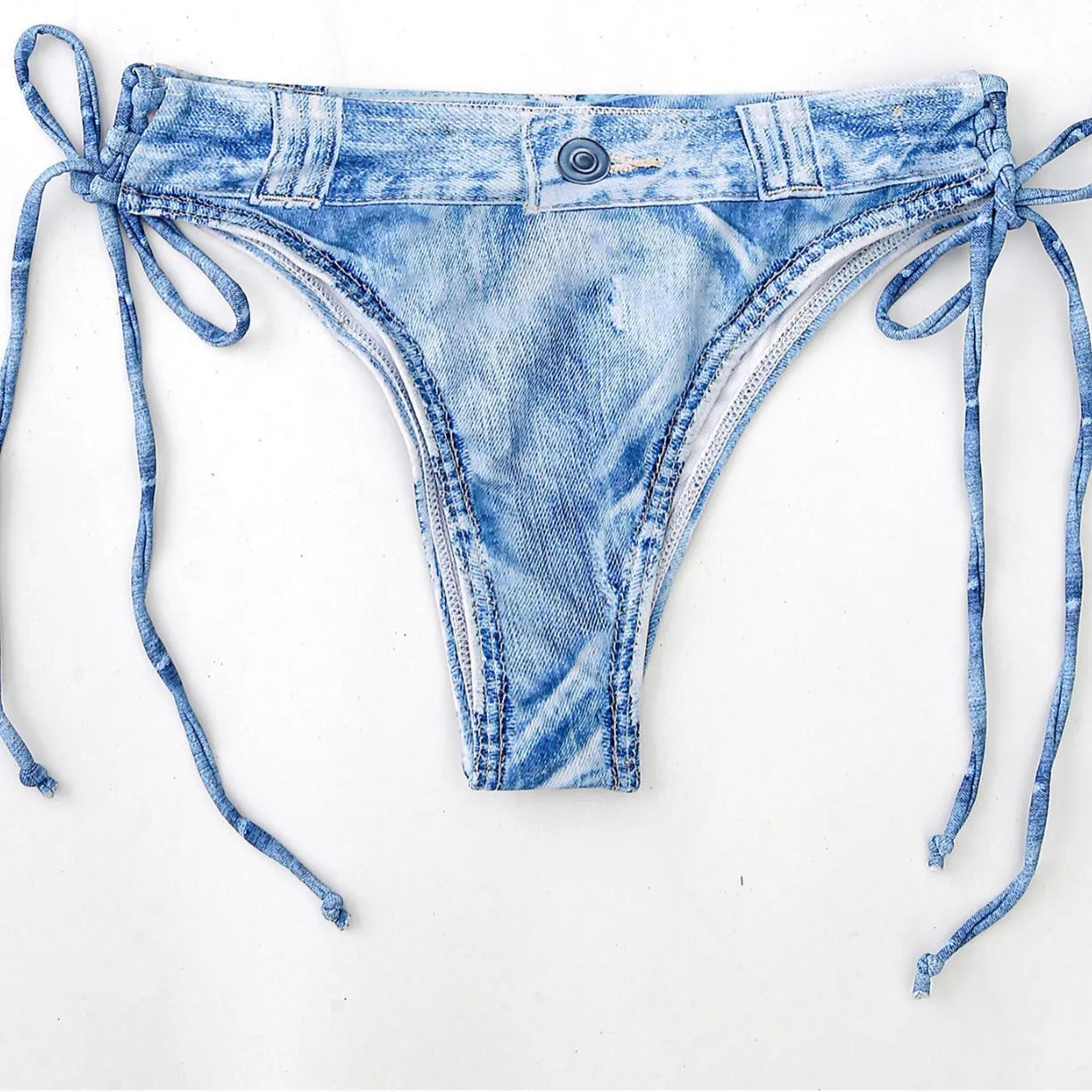 Women's denim pattern two-piece bikini swimsuit set in colourful colour, polyester fabric, front view