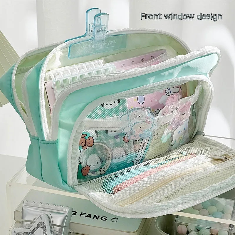 Double layer pencil case in blue, cream, green or pink with gift handle