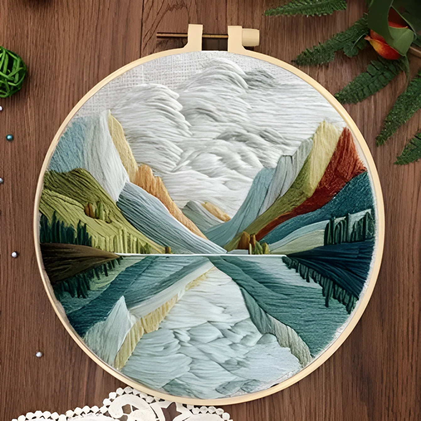 Landscape embroidery DIY kit with cotton fabric, threads, needles and bamboo frame