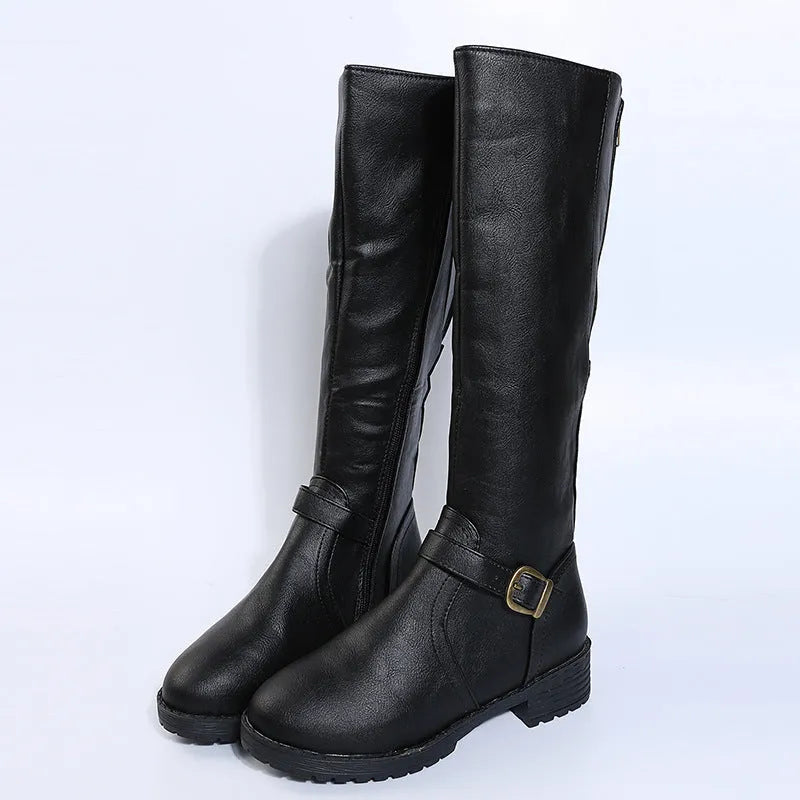 Women's solid-colour knight-style high boots with a square heel, round toe, and belt buckle detail.