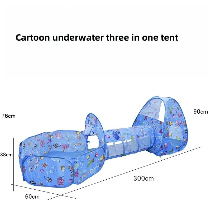 Children's three-in-one cloth play tent set with ball pool and tunnel in marine cartoon design
