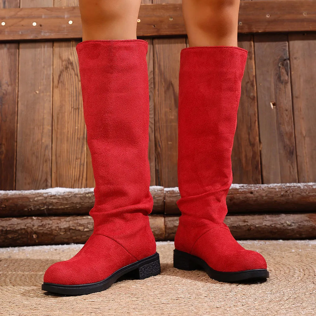 Cow suede high leg chunky heel boots side view