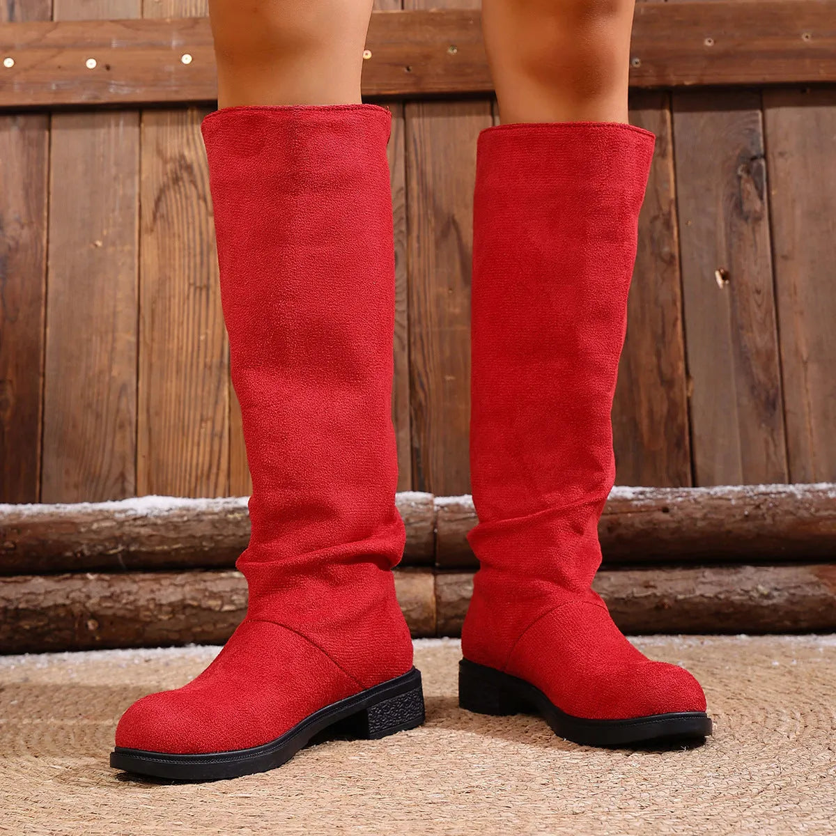 Cow suede high leg chunky heel boots side view