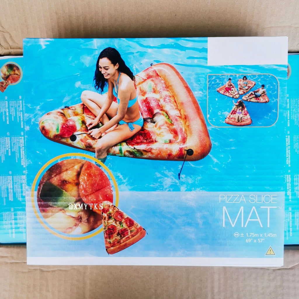 Pizza slice shaped inflatable surfboard recliner floating on water with colourful graphic design