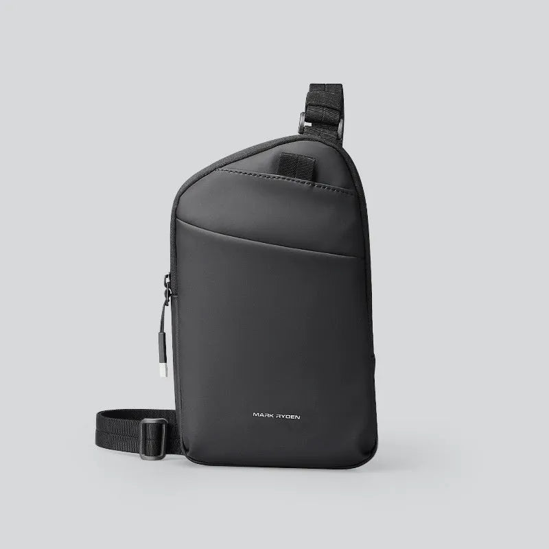 Men's black Oxford cloth crossbody bag showing reinforced sewing thread detail