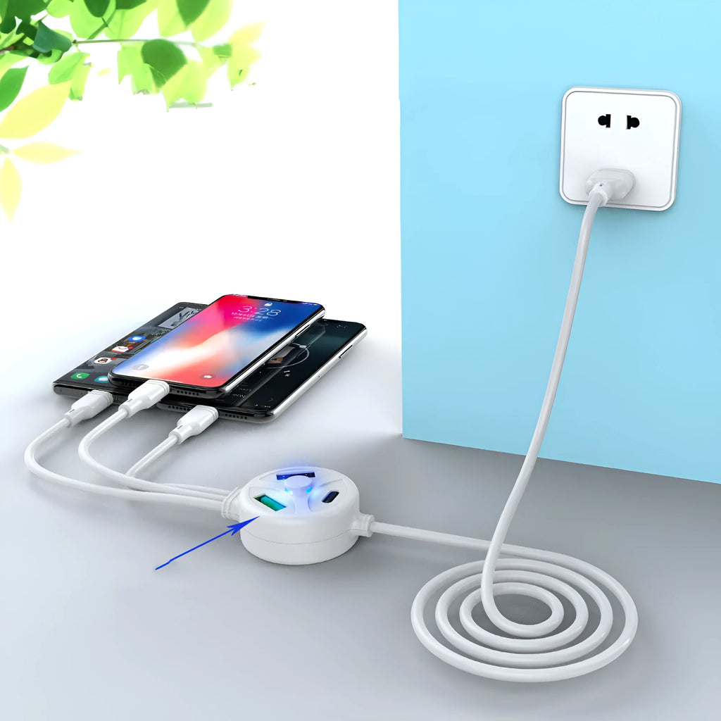 PDPVC mobile phone charging cable with 3U interface showing USB, Mini USB, Micro USB and TYPE-C connections