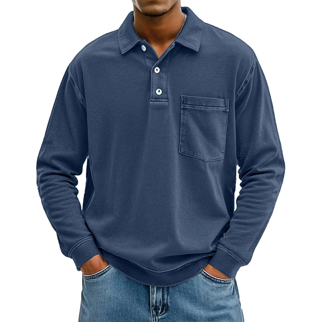 Men's 3D digital print pullover polo shirt with patch pocket in blue, model front view, loose fit polyester top
