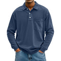 Men's 3D digital print pullover polo shirt with patch pocket in blue, model front view, loose fit polyester top