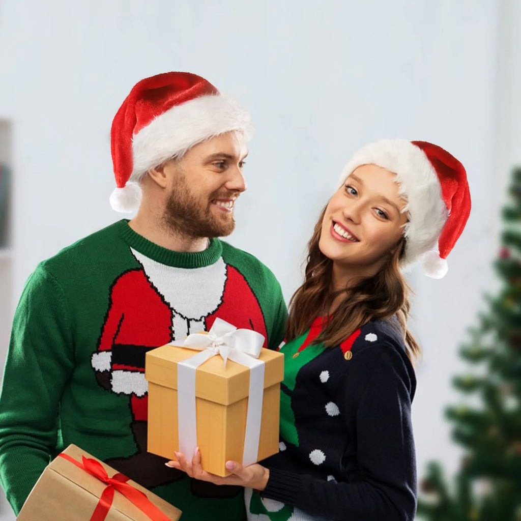 Red and white plush Santa hat with LED lights glowing in multiple colours, pom-pom decoration