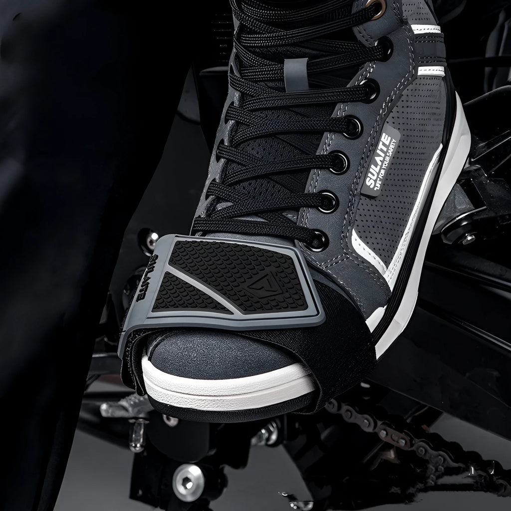 Non-slip widened rubber motorcycle gear cover in grey for adult shoes with hanging sleeve attachment