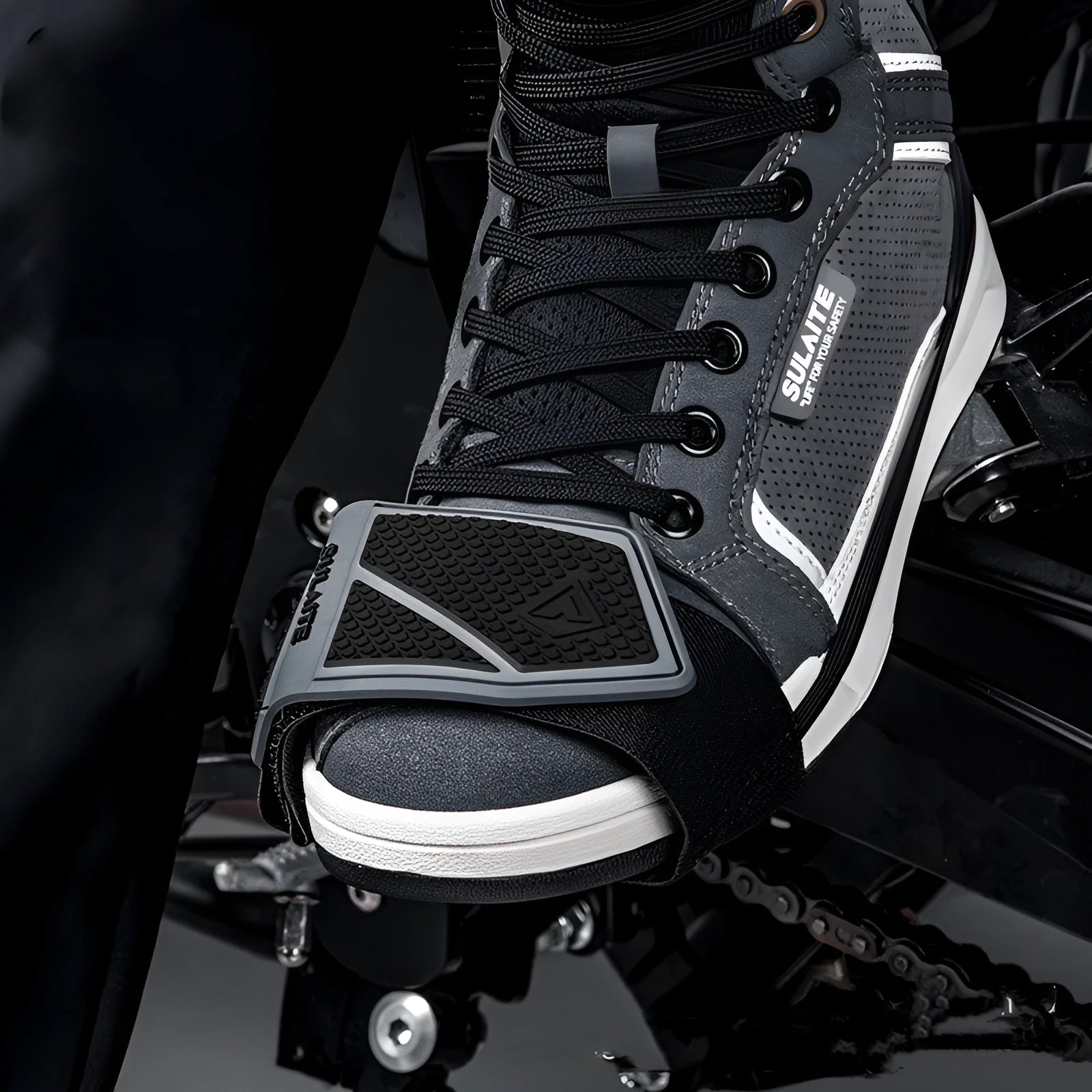 Non-slip widened rubber motorcycle gear cover in grey for adult shoes with hanging sleeve attachment