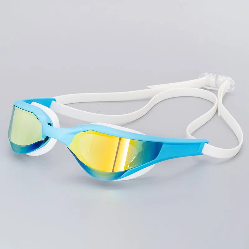 Adult swimming goggles with anti-fog HD lenses and a black silicone seal, shown with a plastic mirror case.