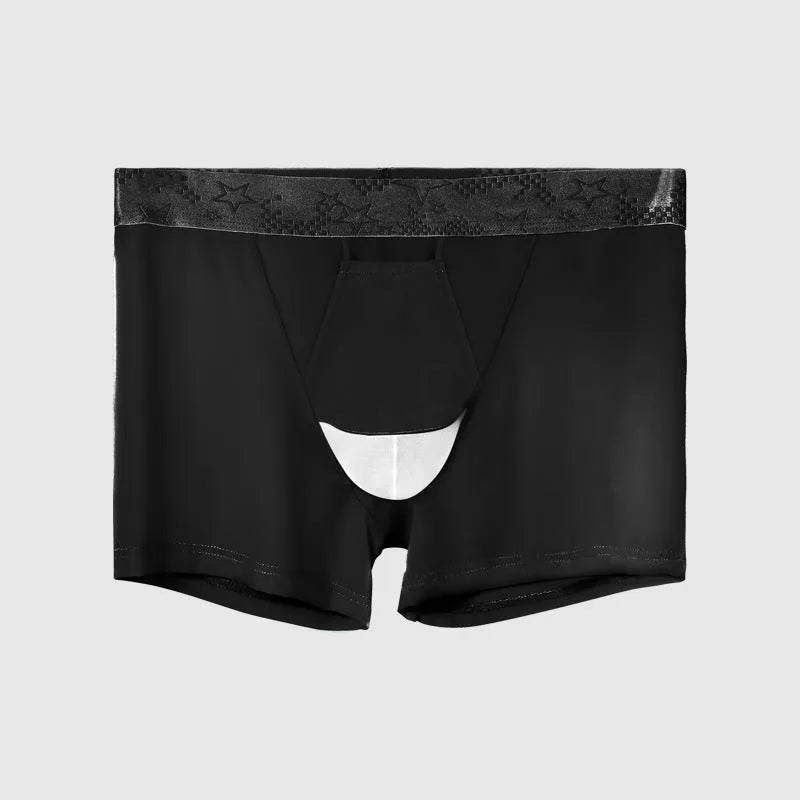 Vein men's ice silk boyshorts in black nylon knit fabric, mid-waist style, solid colour sports underwear