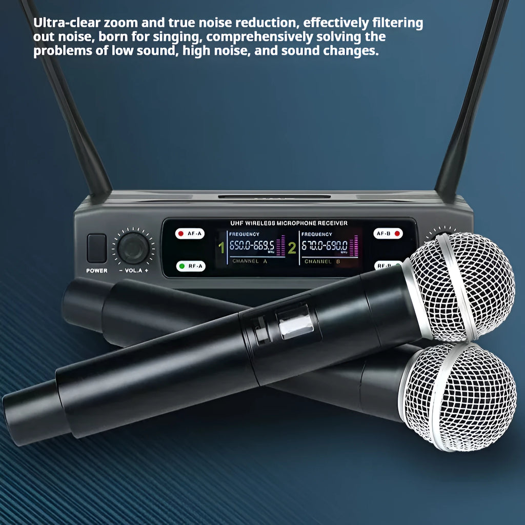 Black VHF one-to-two wireless karaoke microphone set with regulator and two microphones