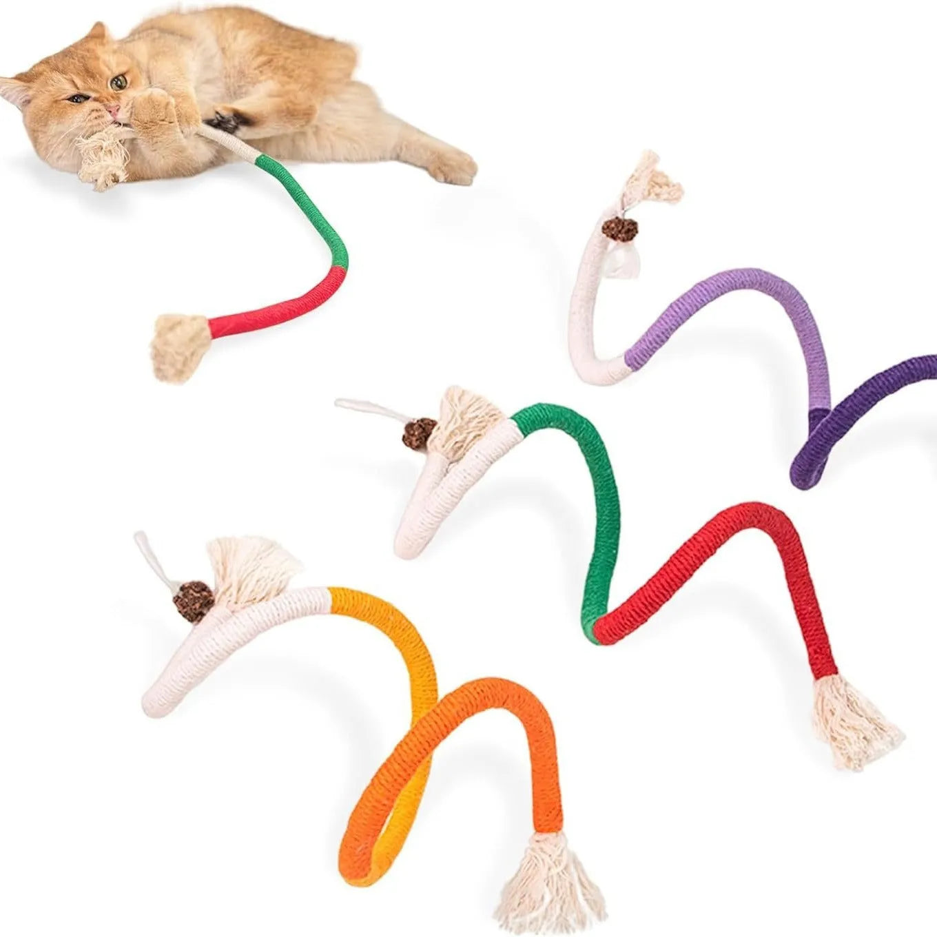 70cm long cotton string cat biting rope toy with catnip, shown in purple, orange, and red with green colour options.