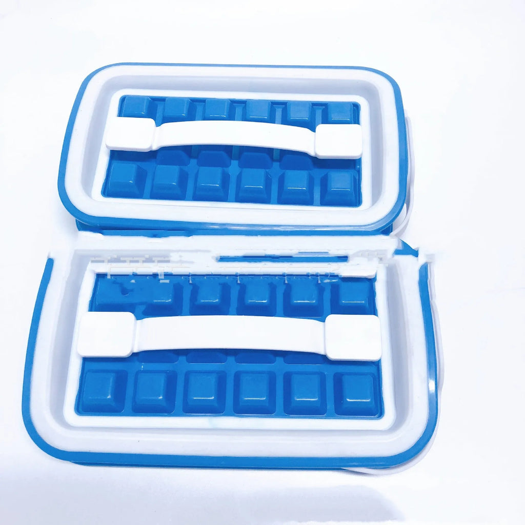 Blue silicone ice cube tray with 36 grid mould and lid on a white surface