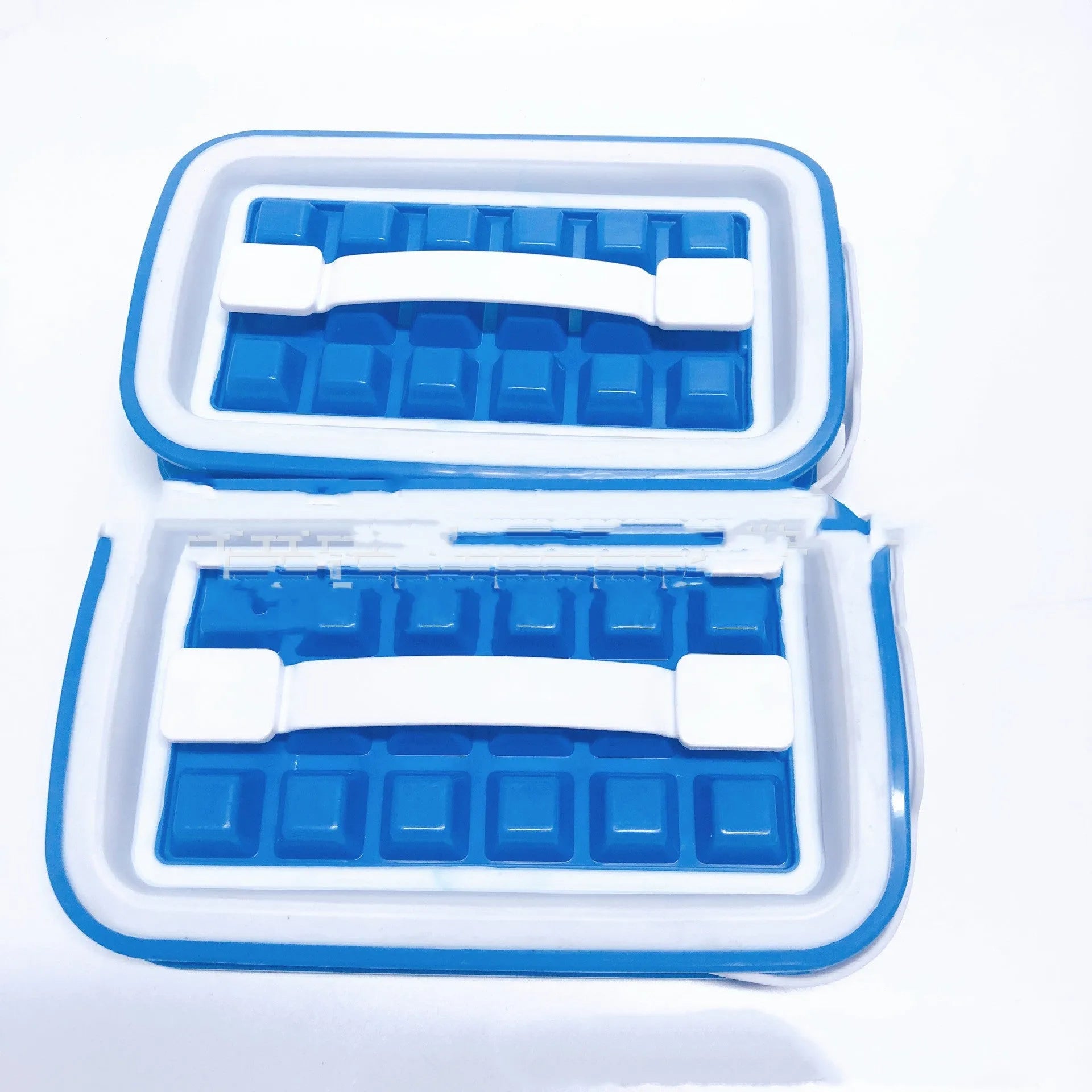 Blue silicone ice cube tray with 36 grid mould and lid on a white surface
