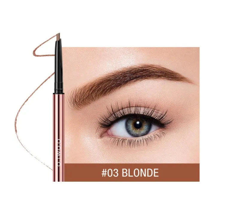 Slender eyebrow make-up pencil in a colour box with six shade options shown.