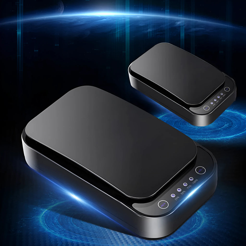 Blue and white ultraviolet disinfection box for mobile phones, showing compact design.