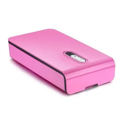 Blue UV phone sterilizer disinfection box with closed lid on a table.