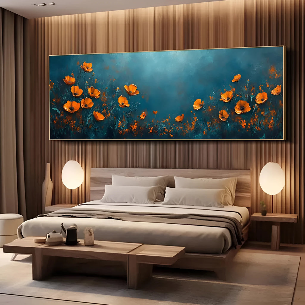 Abstract floral hand-painted oil painting on canvas, unstretched and frameless, shown in a horizontal orientation, suitable for home wall decor.
