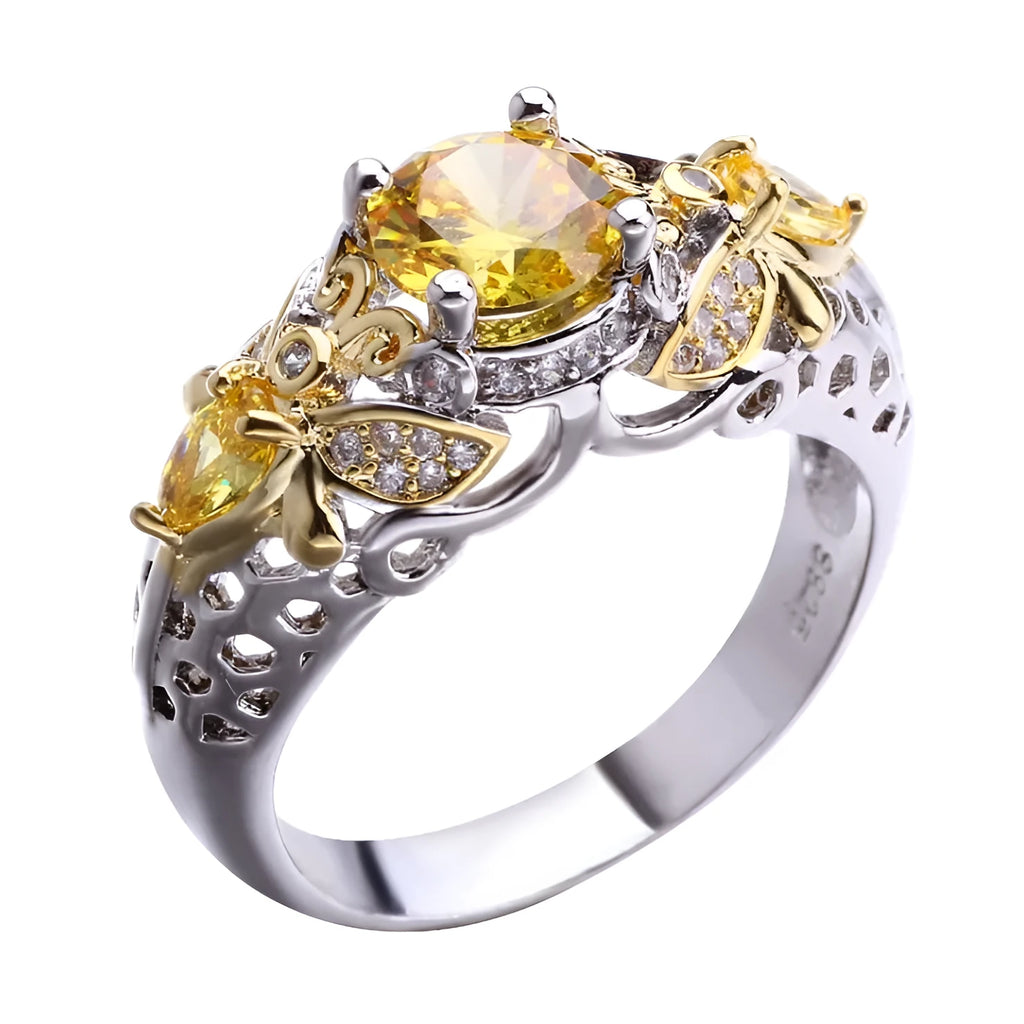 Geometric alloy ring with simulated zircon centre, available in sizes 6-10
