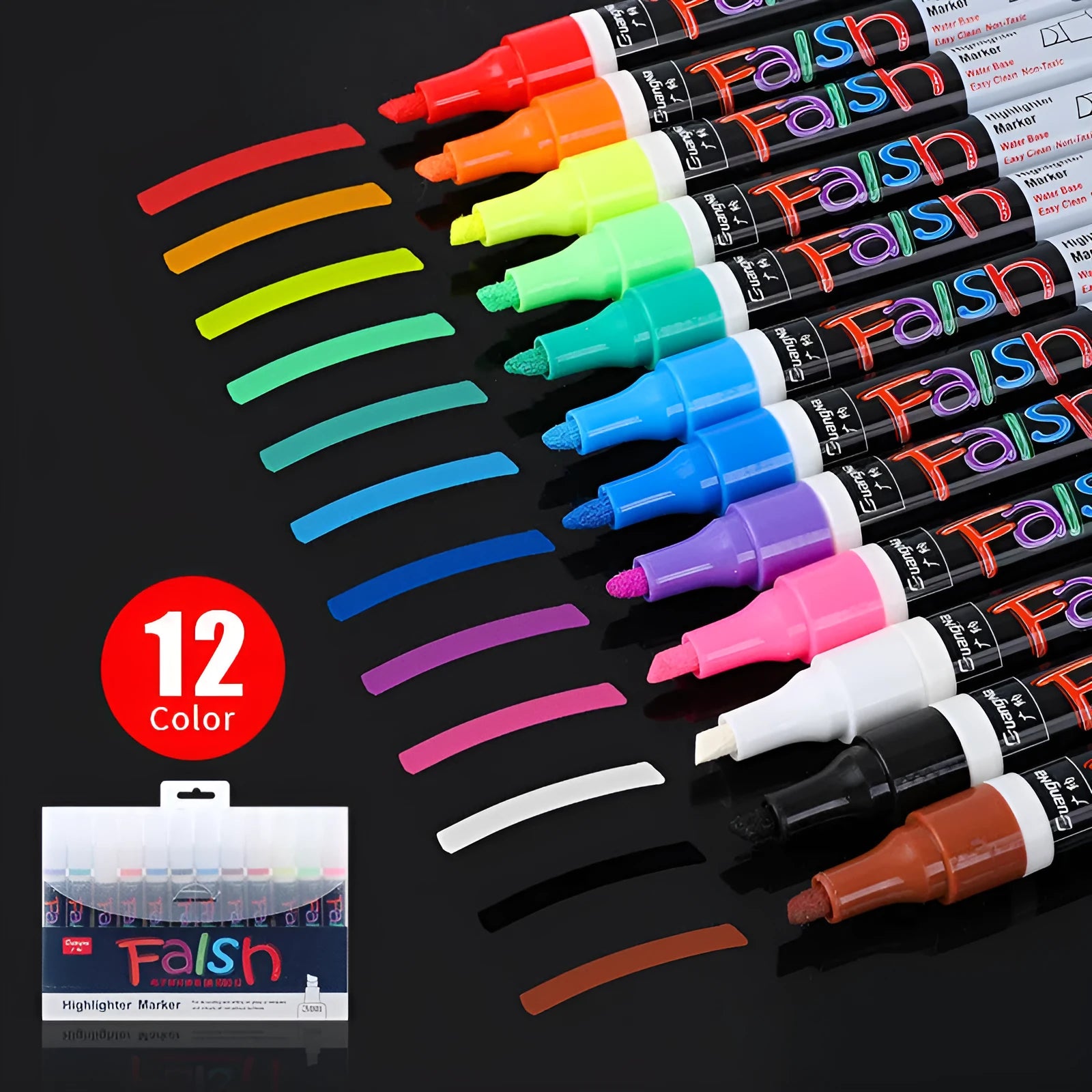 Refillable electronic fluorescent board highlighter pen with oblique 6mm tip, shown with 8 colour cartridges.