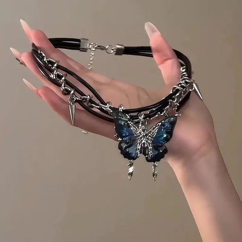 Alloy unisex necklace with electroplated geometric butterfly pendant and regular chain