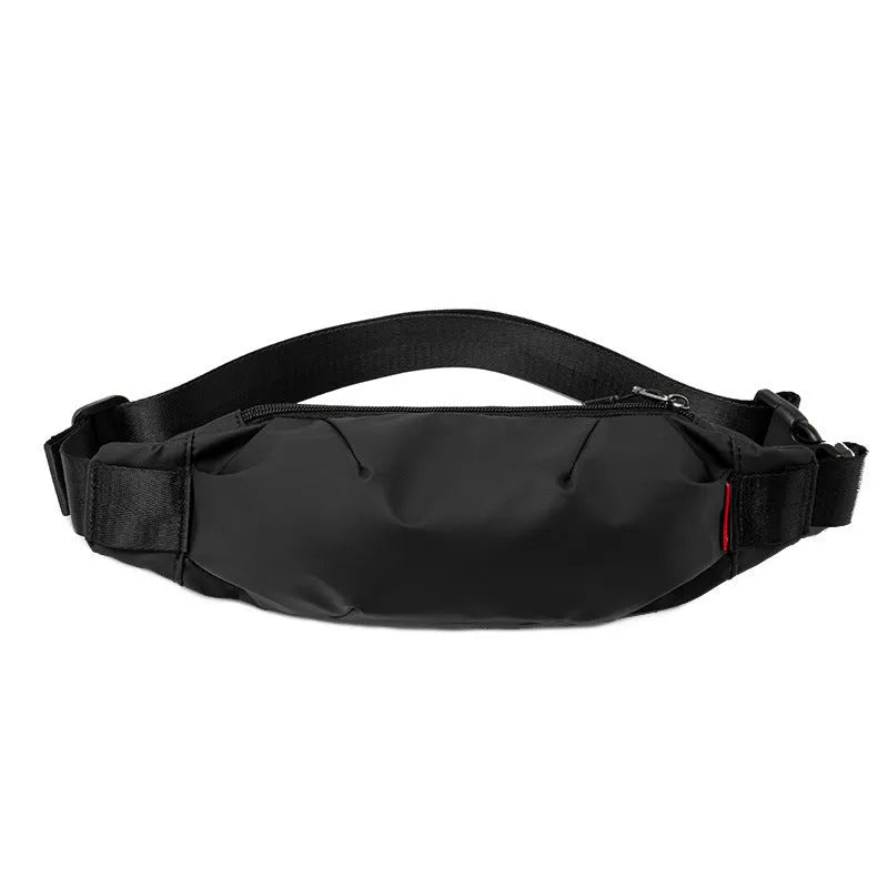 Black oxford cloth men's crossbody bag showing front zipper and internal phone and ID pockets.