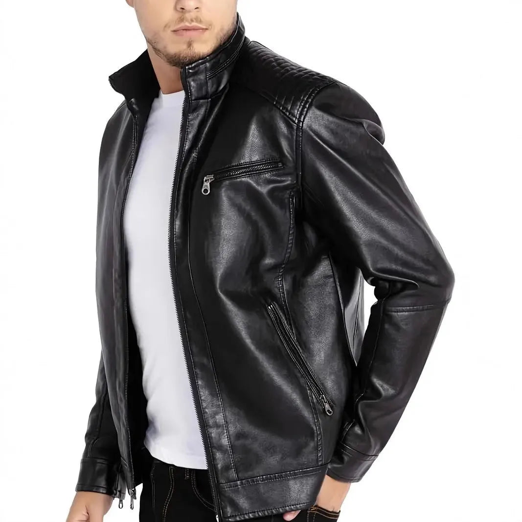 Men's brown artificial leather punk motorcycle jacket with stand collar and patch pockets