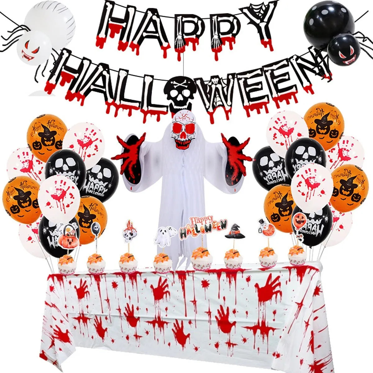 Halloween spider balloon arch decoration kit with white and black latex round balloons