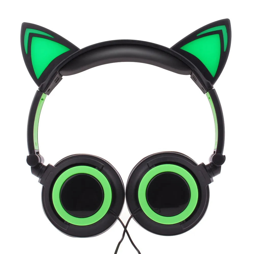 LED illuminated cat ear headphones showing lights on ears and cushions, available in multiple colours