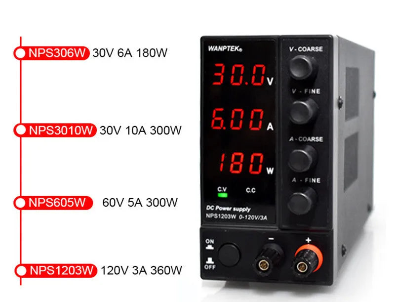 White adjustable benchtop DC power supply unit with digital displays for voltage and current.