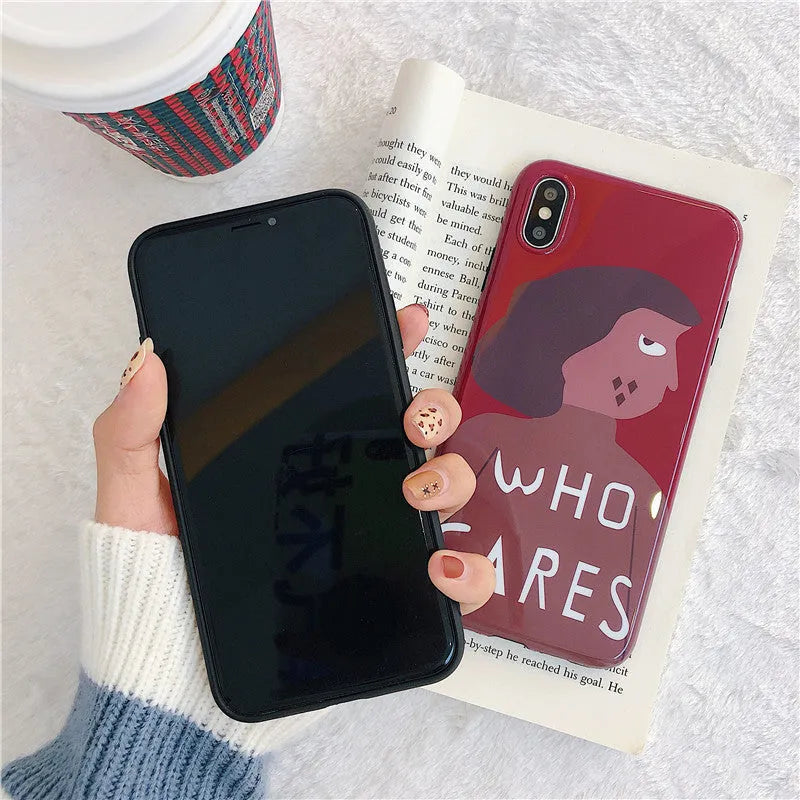Wine red silicone phone case with brown girl illustration for iPhone models 6 to XS Max