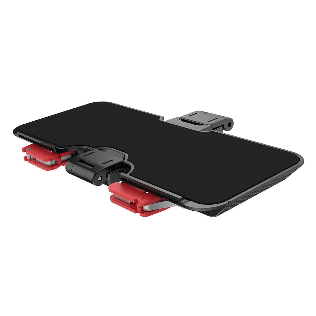 Black mobile phone game trigger handle bracket showing adjustable sliding trigger and telescopic fixing clip.