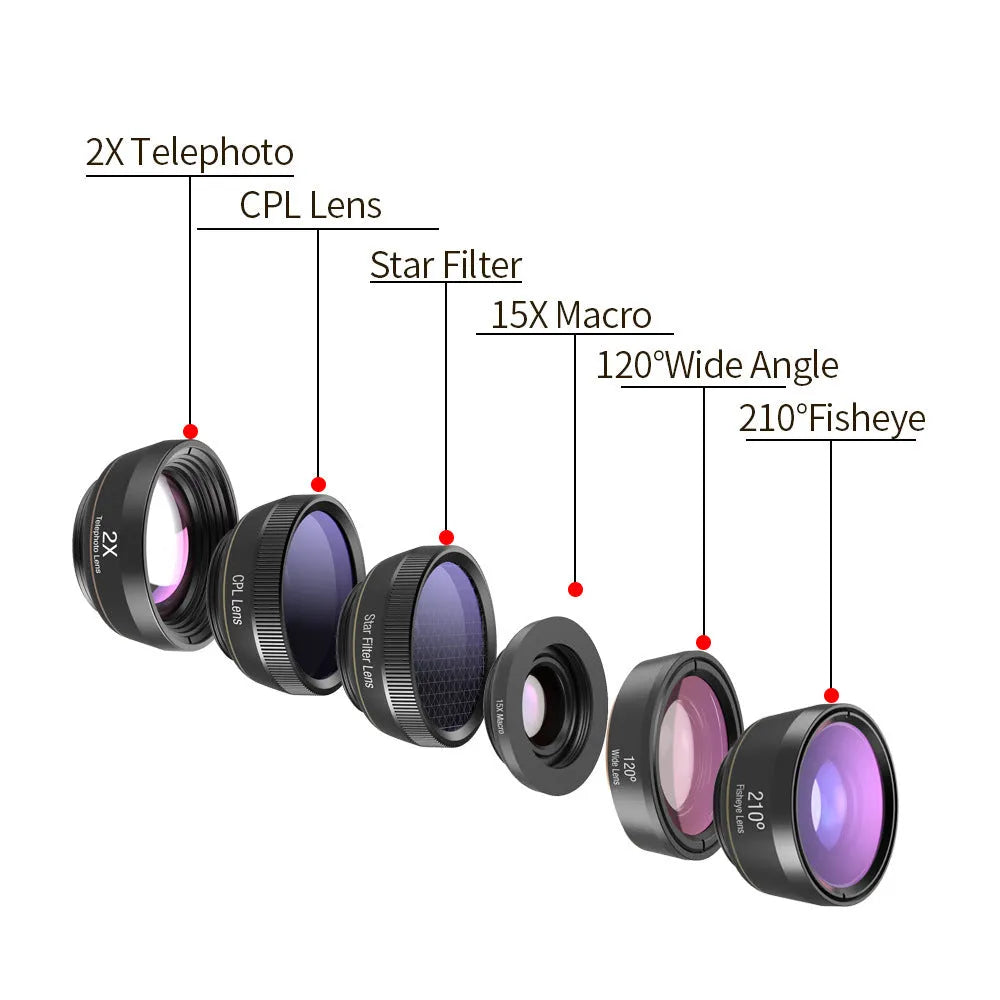 Black 6-in-1 smartphone camera lens kit with fisheye, wide angle, macro, telephoto lenses and universal mounting clip