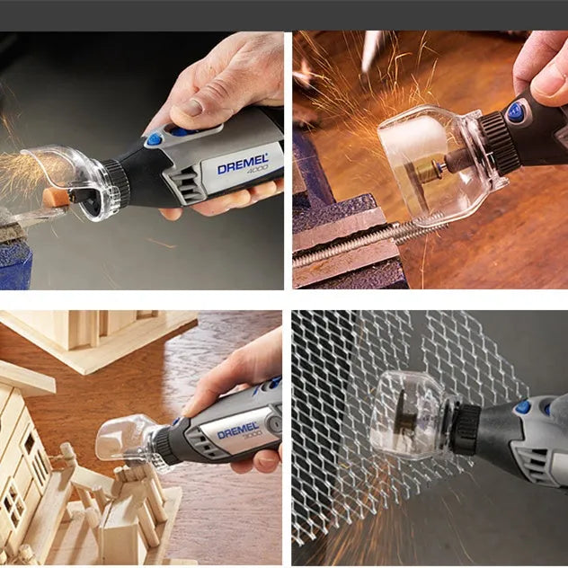 Clear plastic protective face shield for Delta electric grinders on a workbench.