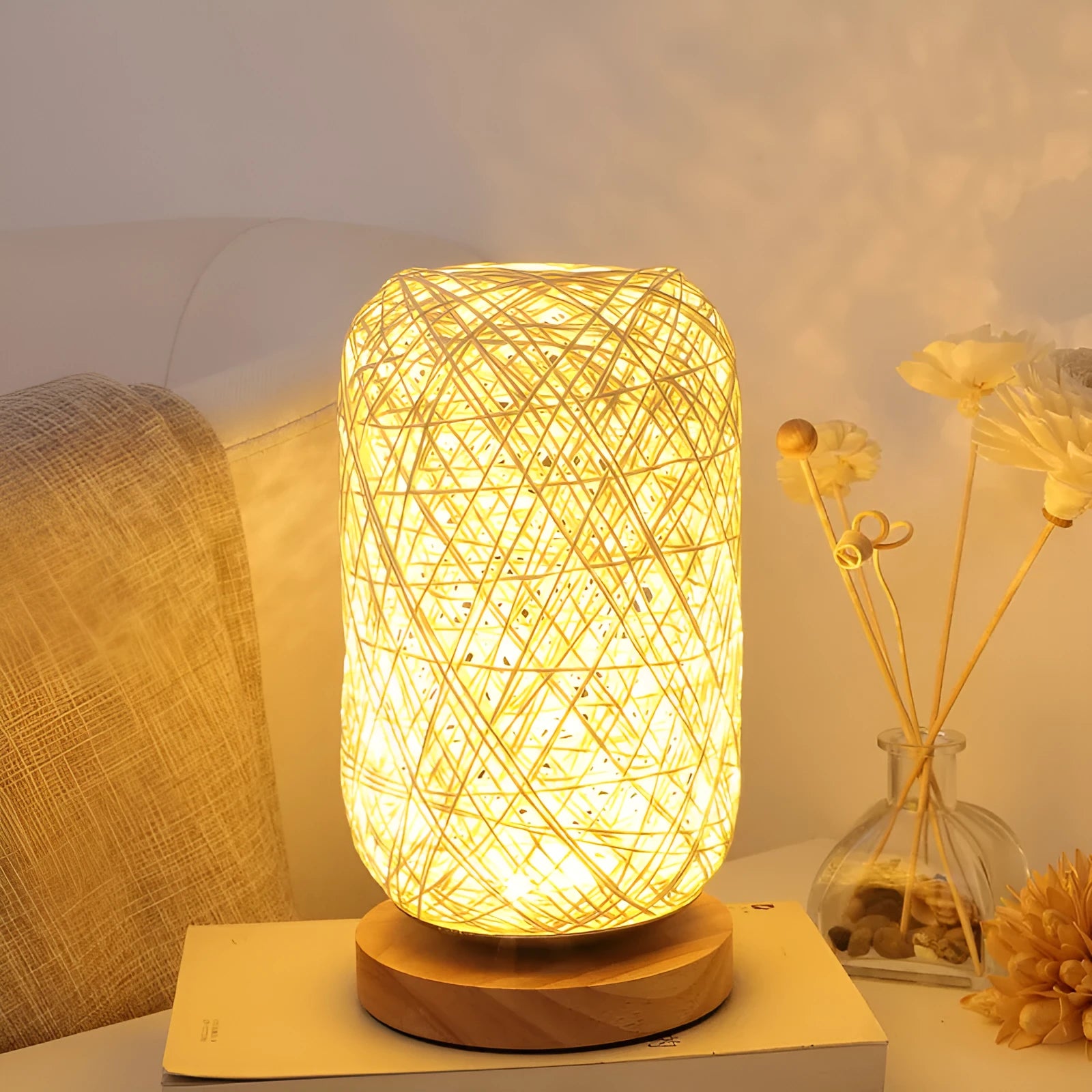 Dimmable LED Night Light Table Lamp Bedroom Bedside Decoration Wooden Twine Vine Bal Warm Light Beige Brown Optic Linen Lampshade Remote Control Touch Switch Rechargeable Pastoral Style