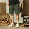 Loose cargo male multi-pocket trousers in Army Green, stretch cotton, fifth-length